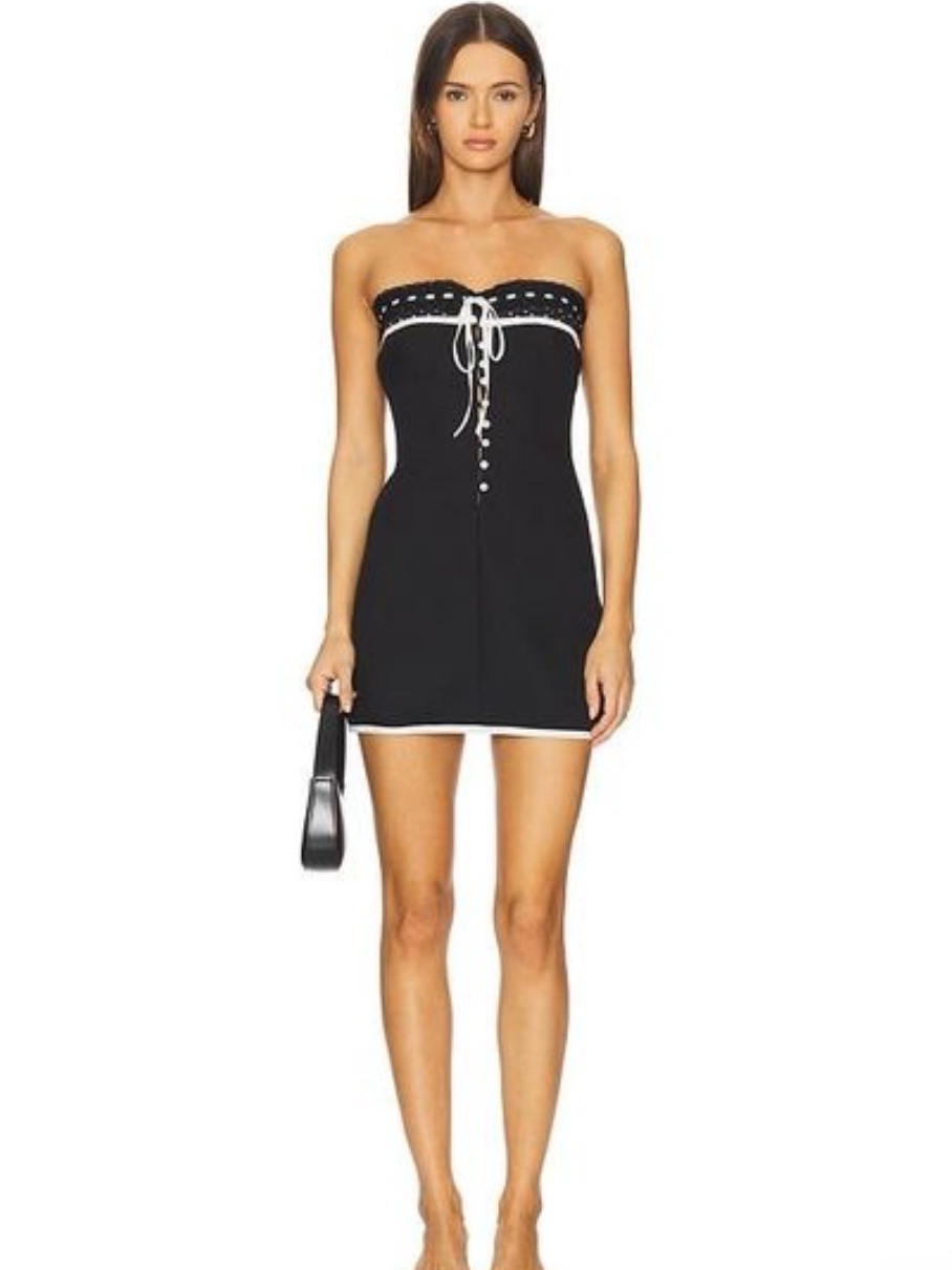 With Jean Strapless Black Mini Dress With White Trim And Lace-Up Front
